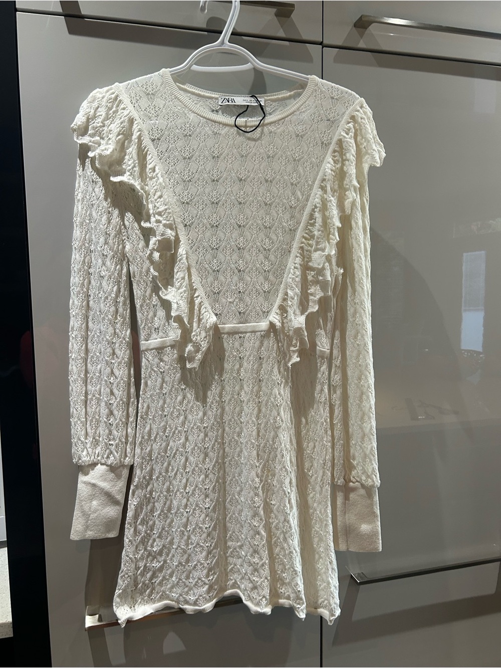 ZARA Cream Ruffle Knit Long-Sleeve Dress